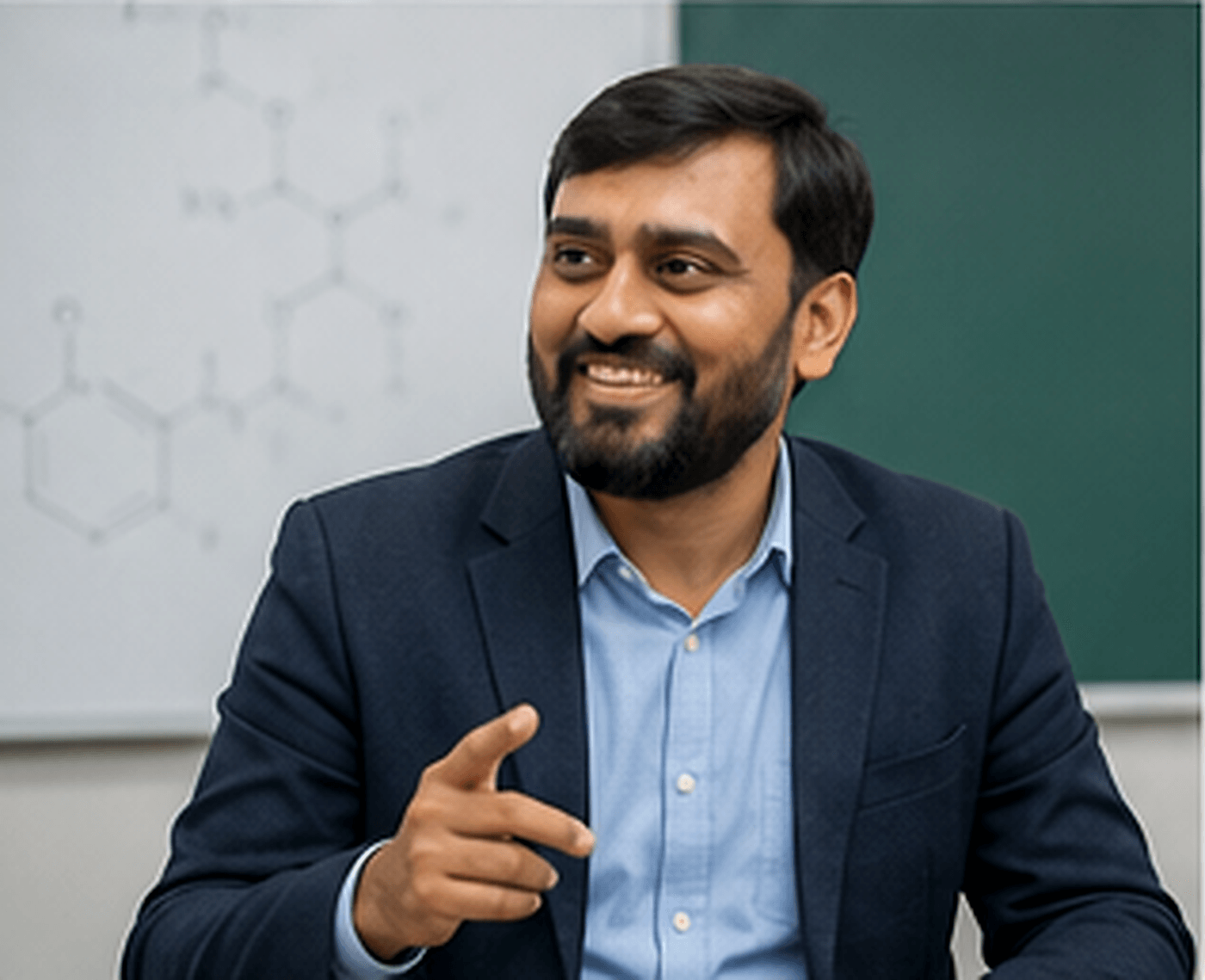 Dr. Yogesh Ajudiya — chemistry educator in the classroom, gesturing during a teaching session with chemistry structures on the whiteboard behind.